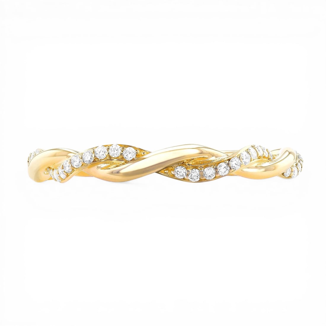 0.17 ctw Diamond Bridal Twist Band 18K Yellow Gold Ring: Retail Value: $2,490 Exuding opulence and grace, this magnificent Twist Band ring featuring White Diamond is crafted for the distinguished. Showcasing the gems in a Pave arrangement, the ring consists