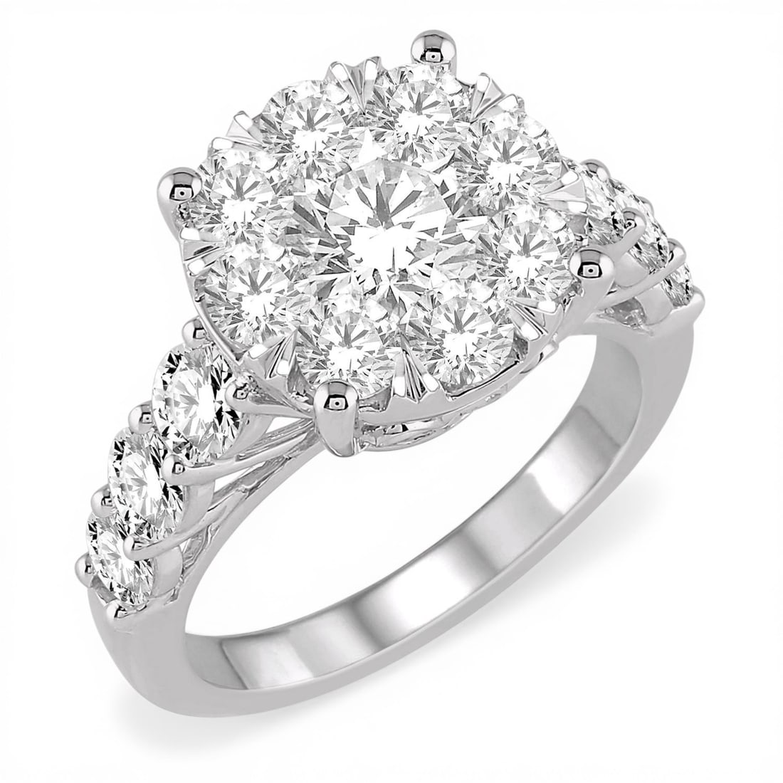 1.96 ctw Round Diamond Cluster 14K White Gold Ring: A testament to superior craftsmanship, this magnificent Cluster ring featuring White Diamond is unparalleled. Showcasing the gems in a Cluster arrangement, the ring consists of 4.6 grams of 14K White 