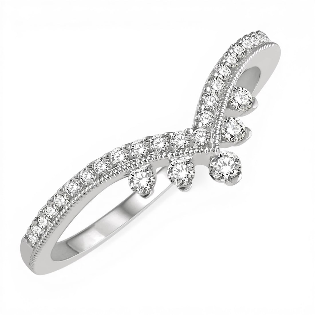 0.26 ctw Chevron White Diamond 14k White Gold Band Ring: Timeless and sophisticated, this elegant Chevron Shank band ring featuring White Diamond radiates enduring beauty. The gemstones are nestled within a Chevron Band framework, supported by a substantial