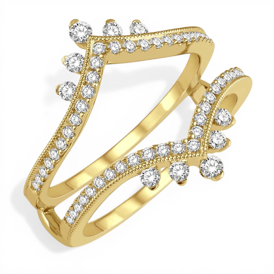 0.53 ctw Diamond 14K Yellow Gold Insert Ring: Rare and radiant, this magnificent Pointed Arch ring featuring Natural Diamonds offers a touch of the extraordinary. Showcasing the gems in an Insert Ring arrangement, the ring consists of 3.8 grams o