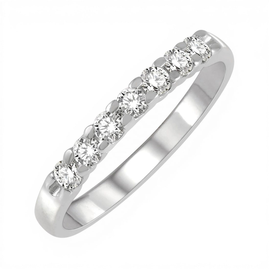0.35 ctw Diamond 7-Stone Wedding Band in 14K White Gold: A testament to superior craftsmanship, this elegant 7-Stone ring featuring White Diamond is unparalleled. Showcasing the gems in an Anniversary Band arrangement, the ring consists of 2.2 grams of 14K 