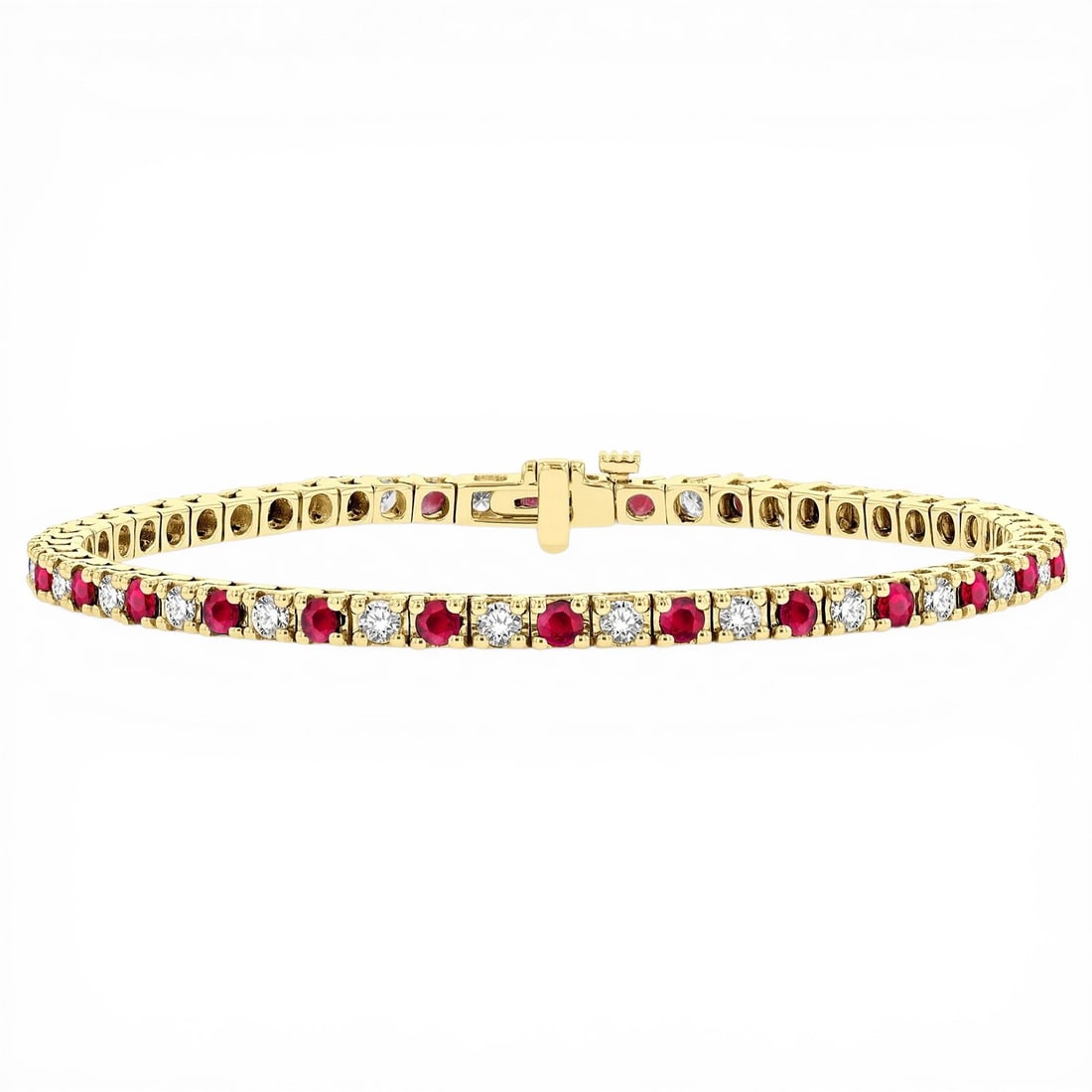 2.5mm Ruby and 1.54 ctw Diamond 14k Yellow Gold Tennis Bracelet: Retail Value: $9,855 Rare and radiant, this magnificent Square Box Link bracelet featuring Ruby, White Diamond offers a touch of the extraordinary. Expertly mounted in a Tennis setting, the bracelet i