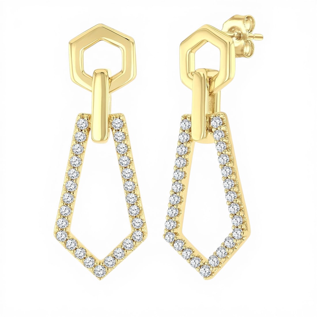 0.33 ctw Diamond Hexagon & Pentagon Link 10k Yellow Gold Earrings: Rare and radiant, this stunning Hexagon & Pentagon Link pair of earrings featuring White Diamond offers a touch of the extraordinary. A detailed Drop gallery secures the stones, rendered in 2.65 grams