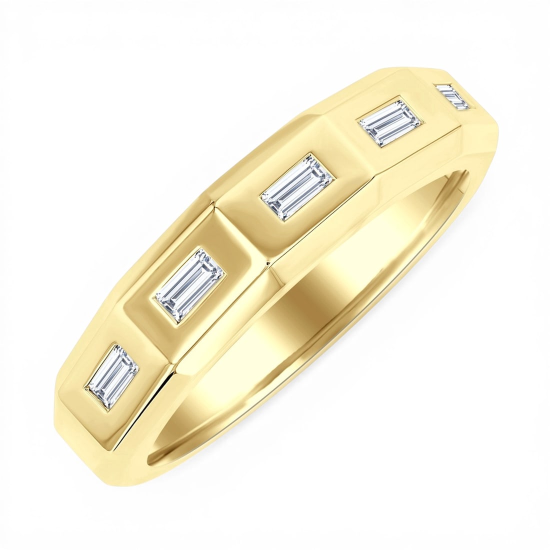 0.15 ctw Baguette Diamond Geometric 14K Yellow Gold Band Ring: A symphony of light and color, this stunning Geometric band ring featuring White Diamond embodies the pinnacle of luxury. The gemstones are nestled within a Bezel framework, supported by a substantial