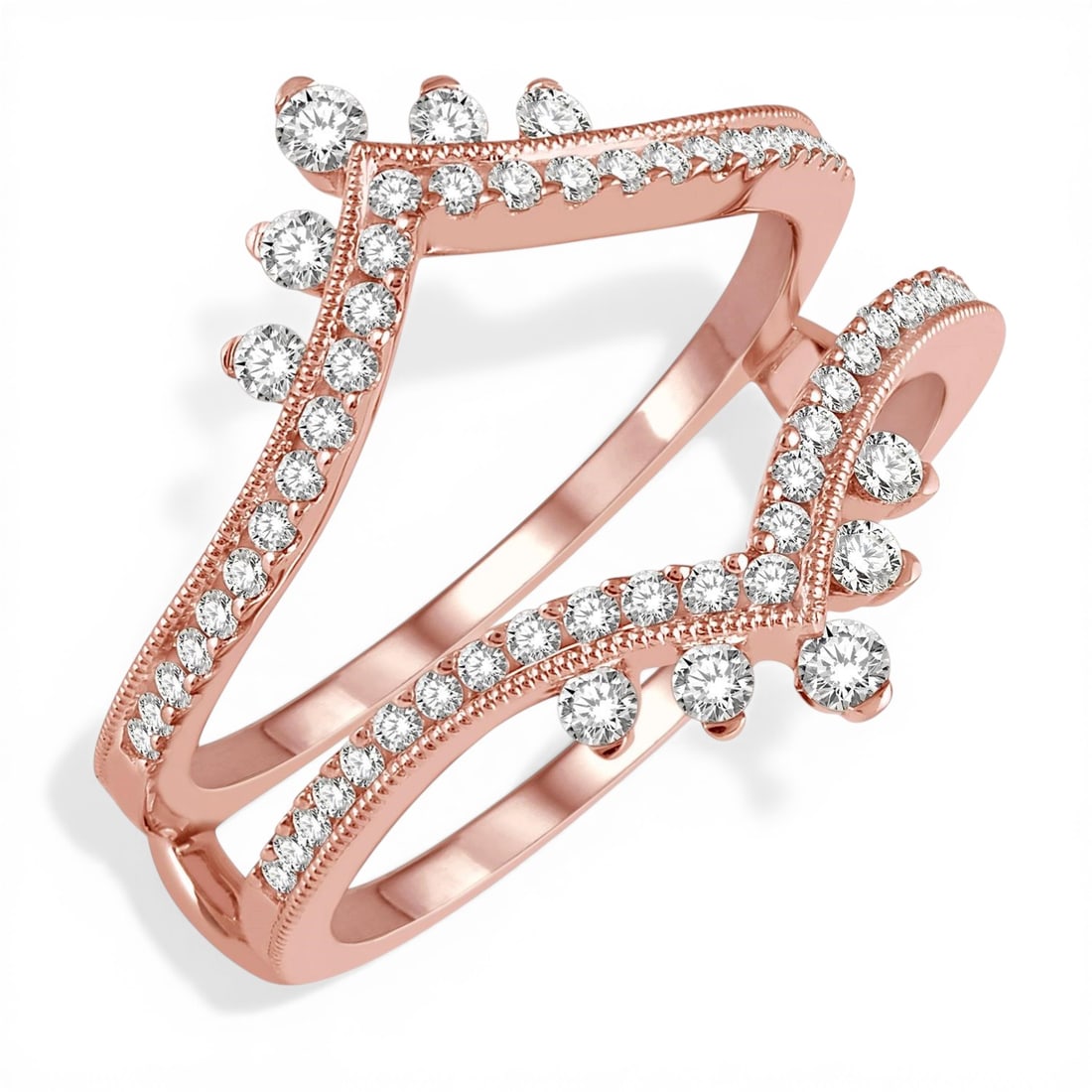 0.53 ctw Diamond Pointed Arch Insert Ring 14K Rose Gold: Epitomizing grandeur, this exquisite Pointed Arch insert ring featuring White Diamond stands as a beacon of refined taste. Showcasing the gems in a Ring Enhancer / Insert arrangement, the ring consist