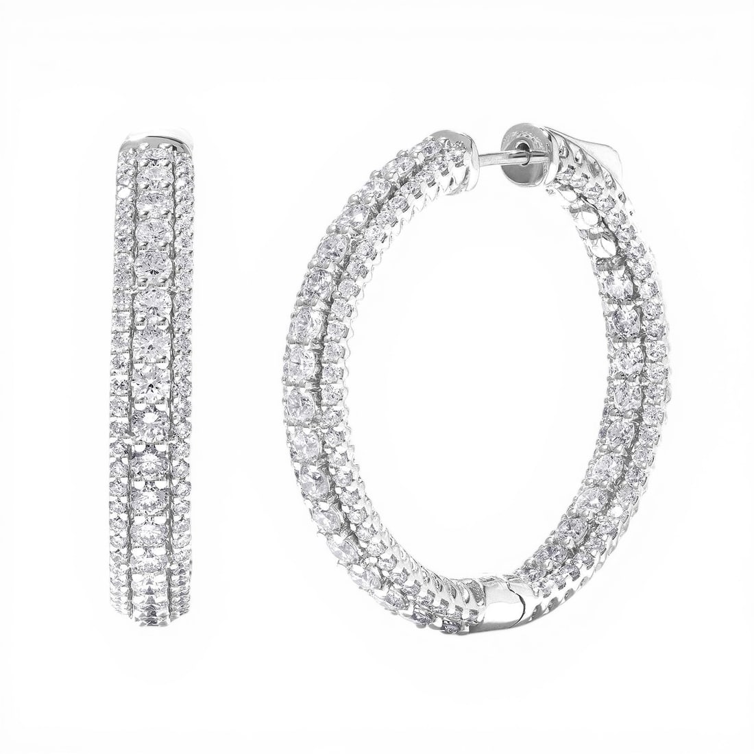 4.08 ctw Duchess 3-Row Diamond Hoop 18K White Gold Earrings: Retail Value: $23,430 Epitomizing grandeur, this magnificent 3-Row Hoop pair of earrings featuring White Diamond stands as a beacon of refined taste. Expertly mounted in a Hoop setting, the earrings a