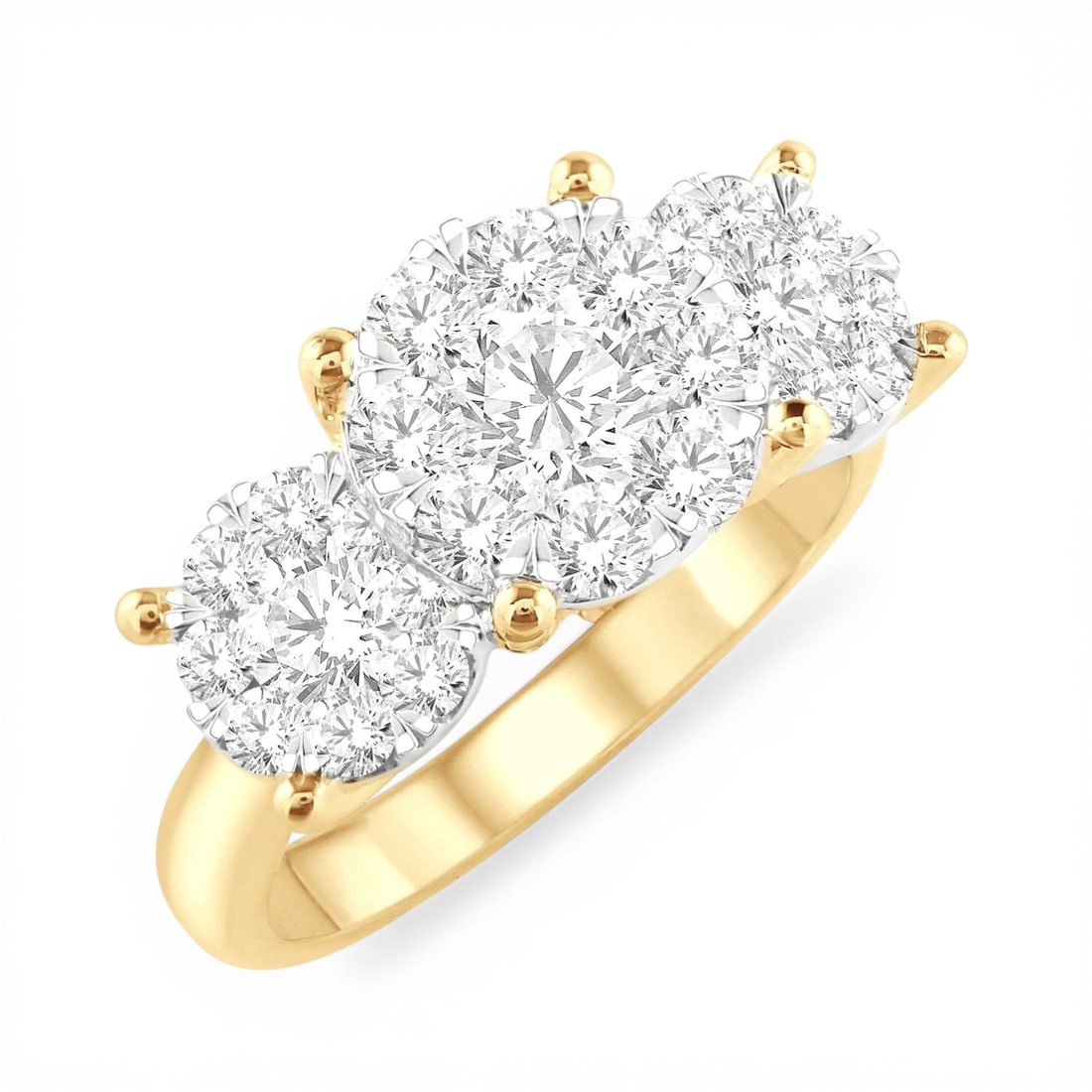 1.51 ctw Cluster Round Cut Diamond 14K Yellow & White Gold Ring: Exuding opulence and grace, this magnificent Cluster ring featuring White Diamond is crafted for the distinguished. Showcasing the gems in a Three-Stone Cluster arrangement, the ring consists of 5.5 g