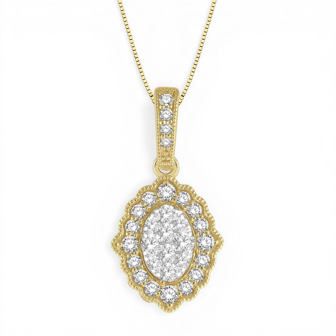 0.28 ctw Cluster Diamond Lattice Edge 14K Yellow & White Gold Pendant: An exquisite masterpiece of haute joaillerie, this breathtaking Lattice Edge Oval Cluster pendant featuring White Diamond is a true treasure. Showcasing the gems in a Halo arrangement, the pendant con
