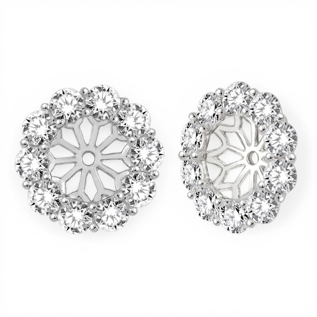 2.0 ctw Round Diamond Floral Earring Jackets in 14K White Gold: A vision of luxury, this stunning Floral pair of earrings featuring Natural Diamonds defines sophistication. The gemstones are nestled within a Halo framework, supported by a substantial 1.7 g 14K Whi