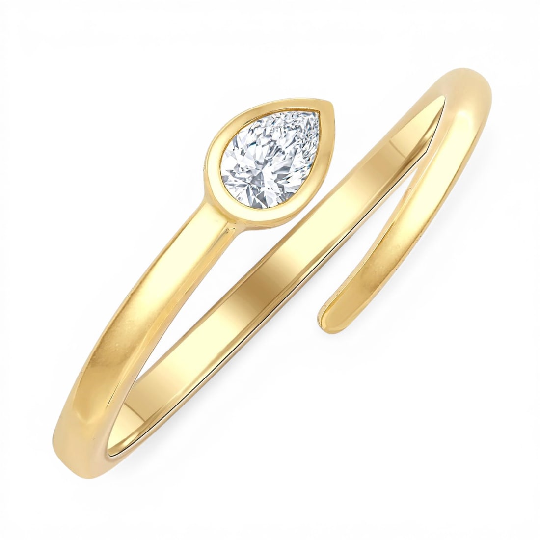 0.15 ctw Pear Cut Diamond Bypass Open Fashion 14K Yellow Gold Ring: Defining modern elegance, this elegant Bypass ring featuring White Diamond captures the essence of style. The gemstones are nestled within a Bypass framework, supported by a substantial 2.4 grams 14K 