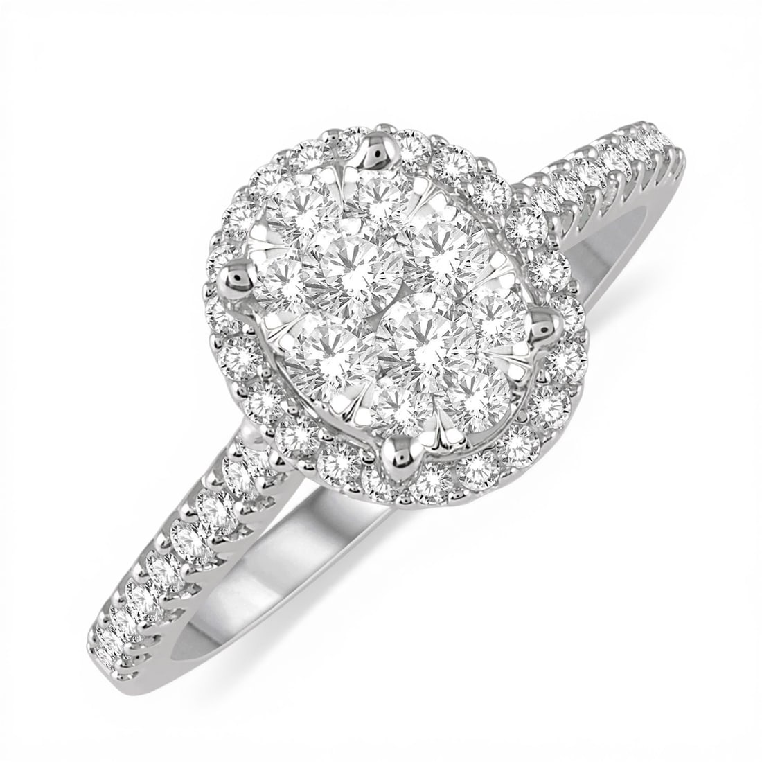 0.51 ctw Diamond Cluster Oval Halo 14K White & Yellow Gold Ring: An exquisite masterpiece of haute joaillerie, this magnificent Cluster Oval Halo ring featuring Natural Diamonds is a true treasure. Showcasing the gems in a Cluster Halo arrangement, the ring consist