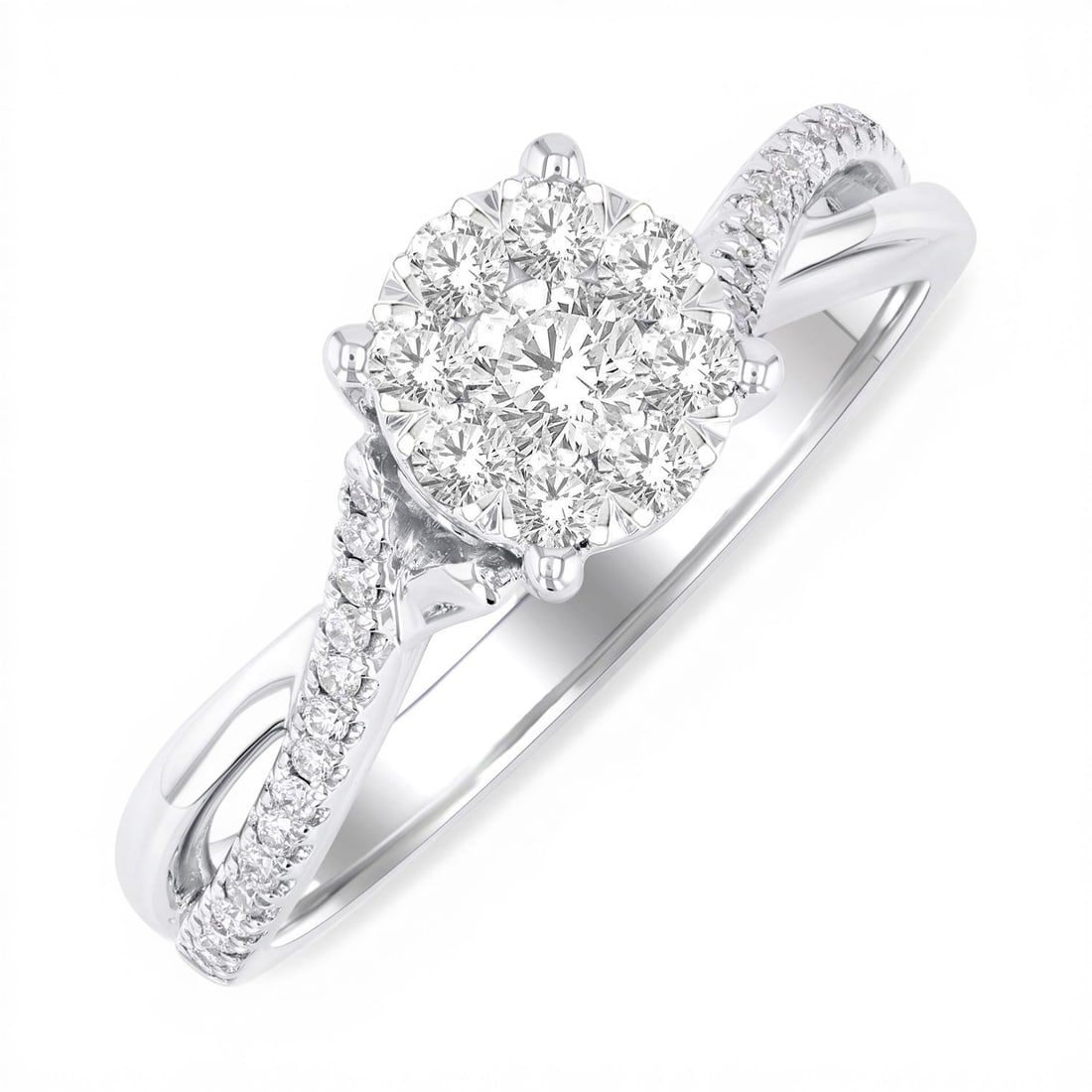 0.51 ctw Diamond Cluster Split Entwined Shank 14K White Gold Engagement Ring: Exuding opulence and grace, this stunning Cluster Split Entwined Shank ring featuring White Diamond is crafted for the distinguished. Crafted with precision, the Cluster setting is seamlessly integrat