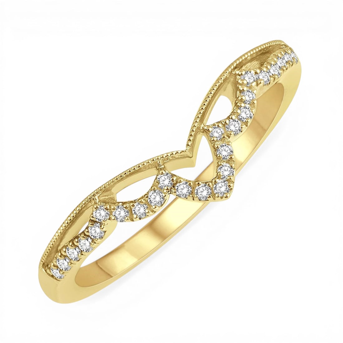 0.13 ctw Round Diamond Milgrain Chevron Wedding Band 14K Yellow Gold: A testament to superior craftsmanship, this elegant Milgrain Chevron ring featuring White Diamond is unparalleled. A detailed Contour Band gallery secures the stones, rendered in 2.8 grams of lustrous
