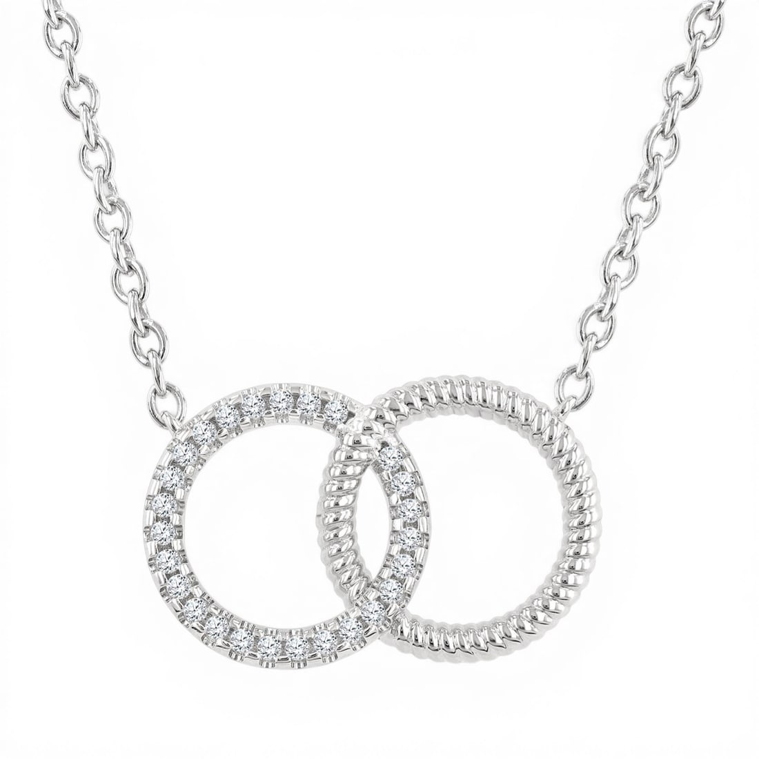 0.10 ctw Diamond Interlocked Circle Petite 10K White Gold Pendant: A vision of luxury, this elegant Interlocked Circle necklace featuring Natural Diamonds defines sophistication. Securely held in a classic Cluster design, the necklace is forged from 1.2 grams of high