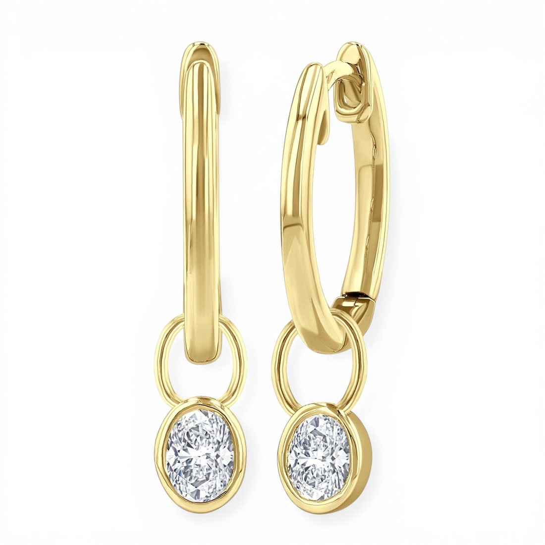 0.3 ctw Oval Diamond Bezel Set Huggie 14K Yellow Gold Earrings: Rare and radiant, this elegant Huggie pair of earrings featuring White Diamond offers a touch of the extraordinary. Showcasing the gems in a Bezel arrangement, the earrings consists of 0.48 grams of 1
