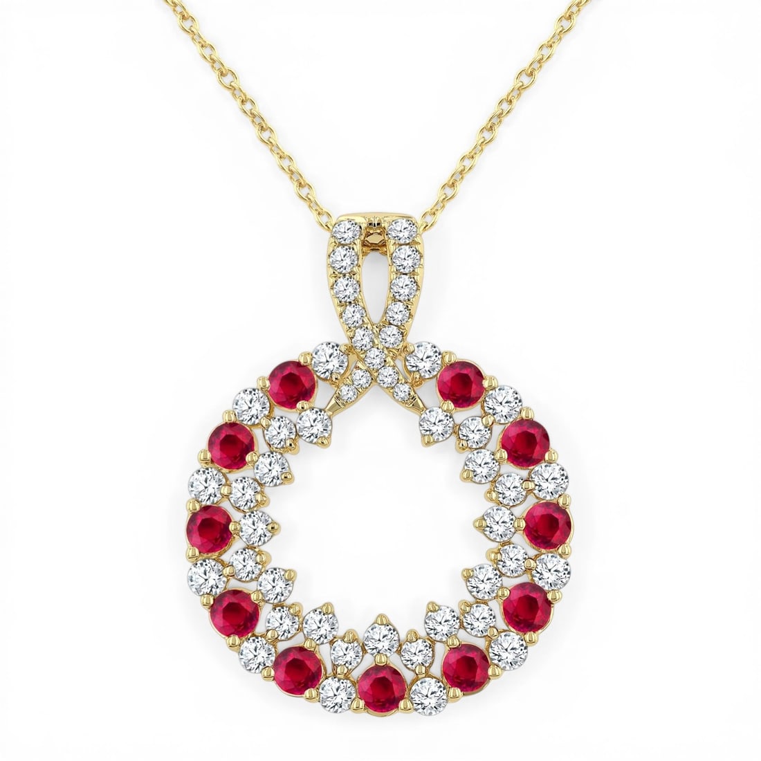 2.3mm Ruby and 0.70 ctw Diamond 14K Yellow Gold Pendant: Exuding opulence and grace, this breathtaking Circle pendant featuring Ruby, White Diamond is crafted for the distinguished. A detailed Cluster gallery secures the stones, rendered in 2.2 grams of lus
