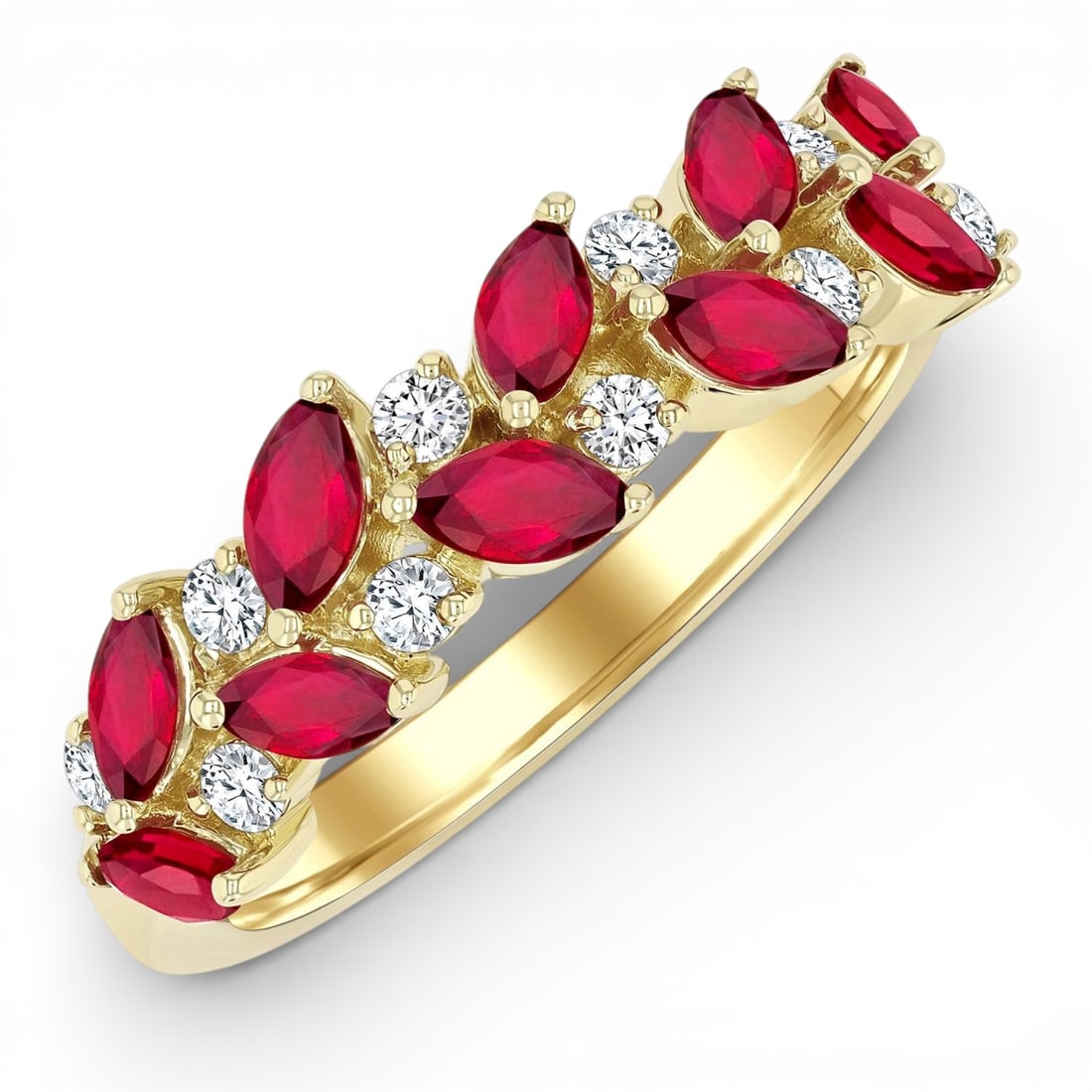 4x2mm Ruby and 0.20 ctw Diamond 14K Yellow Gold Band Ring: Epitomizing grandeur, this magnificent Leafy Marquise design ring featuring Ruby, White Diamond stands as a beacon of refined taste. Crafted with precision, the Garland/Cluster Band setting is seamles