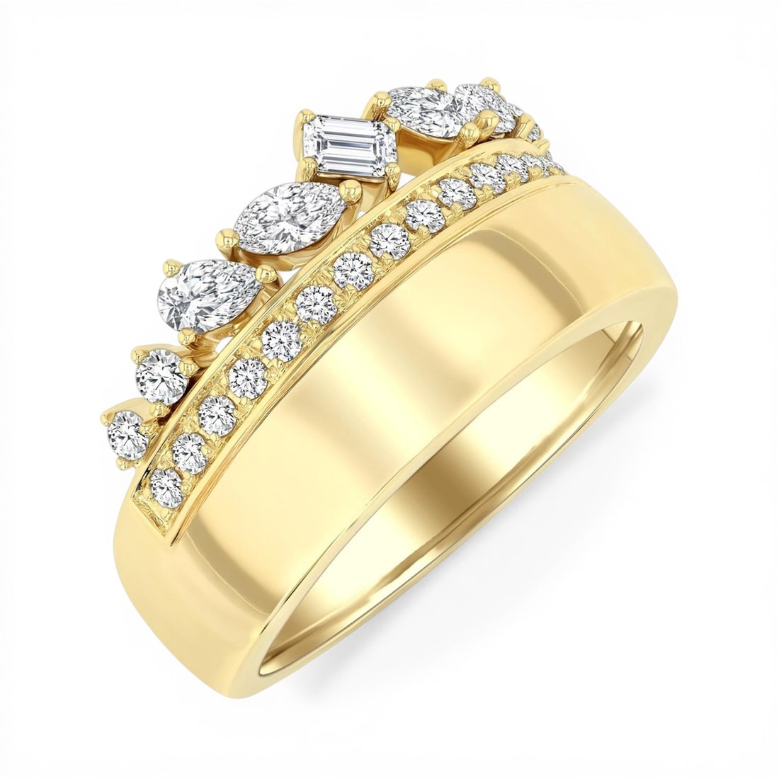 0.75 ctw Mixed Cut Diamond Fashion 14K Yellow Gold Ring: Rare and radiant, this magnificent Mixed Diamond Cut ring featuring White Diamond offers a touch of the extraordinary. A detailed Cluster gallery secures the stones, rendered in 5.15 grams of lustrous