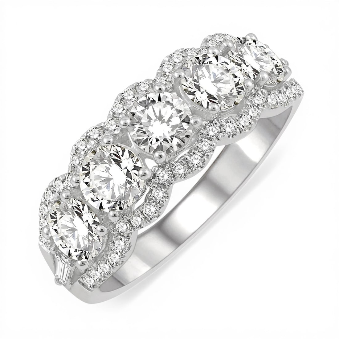 2.00 ctw Scalloped Edge Round and Baguette Diamond 14K White Gold Ring: A testament to superior craftsmanship, this magnificent Scalloped Edge ring featuring Natural Diamonds is unparalleled. Crafted with precision, the Five-Stone setting is seamlessly integrated into 3.1