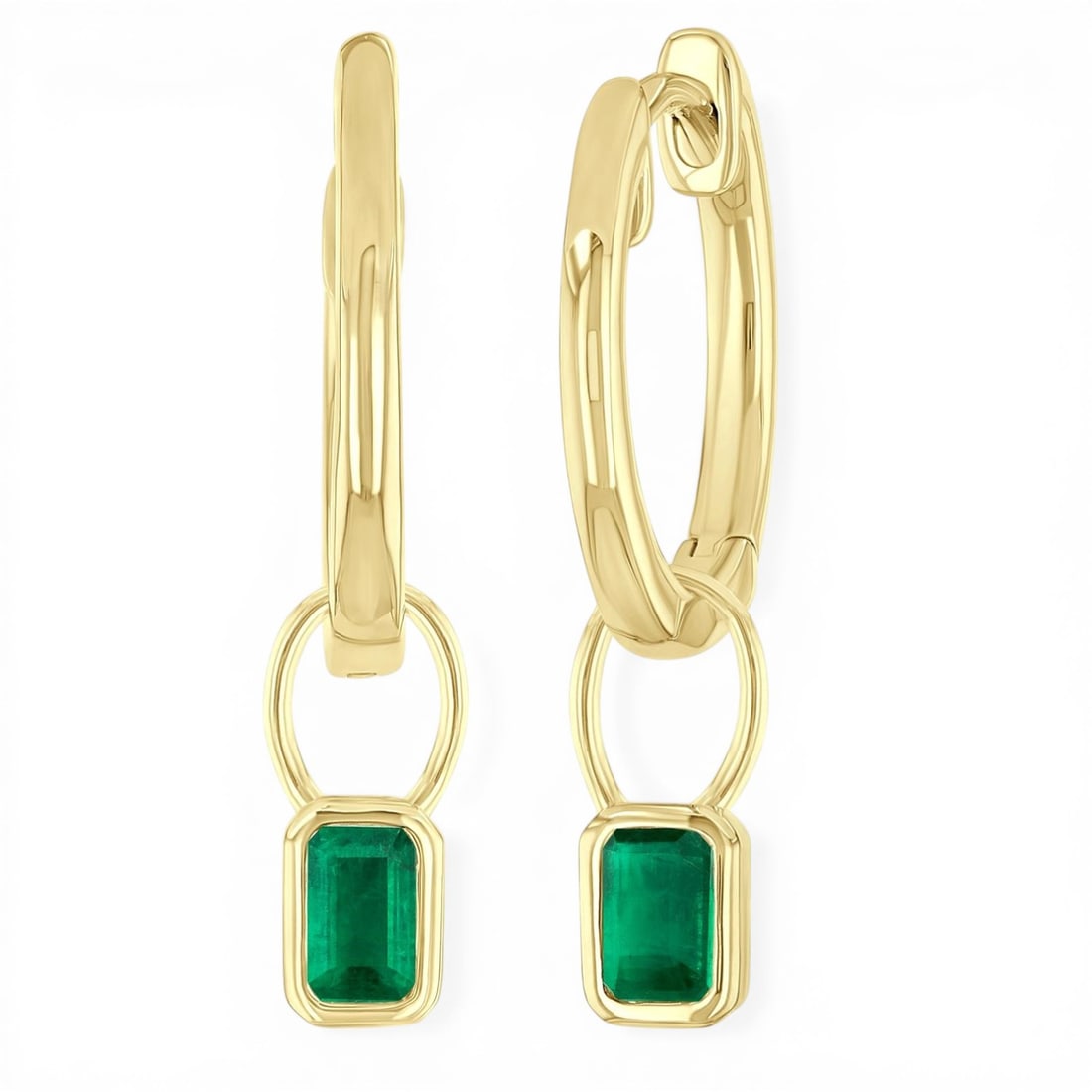 5x3mm Emerald 14K Yellow Gold Huggie Earrings: Epitomizing grandeur, this stunning Bezel Set Octagonal pair of earrings featuring Emerald stands as a beacon of refined taste. A detailed Bezel gallery secures the stones, rendered in 0.6 grams of lu