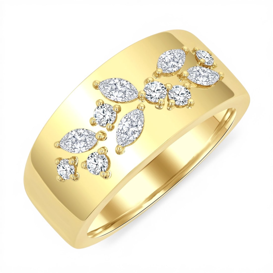 0.56 ctw Marquise & Round Diamond Wide Band 14K Yellow Gold Ring: Epitomizing grandeur, this magnificent Wide Band ring featuring White Diamond stands as a beacon of refined taste. Showcasing the gems in a Cluster arrangement, the ring consists of 6.75 g of 14K Yell