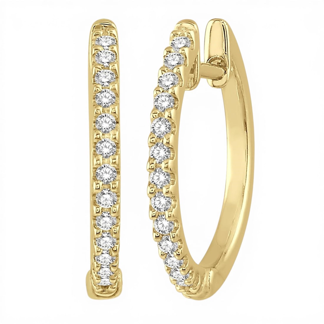 0.21 ctw Diamond 10K Yellow Gold Hoop Earrings: A symphony of light and color, this elegant classic style hoop pair of earrings featuring White Diamond embodies the pinnacle of luxury. The gemstones are nestled within a Shared Prong framework, supp