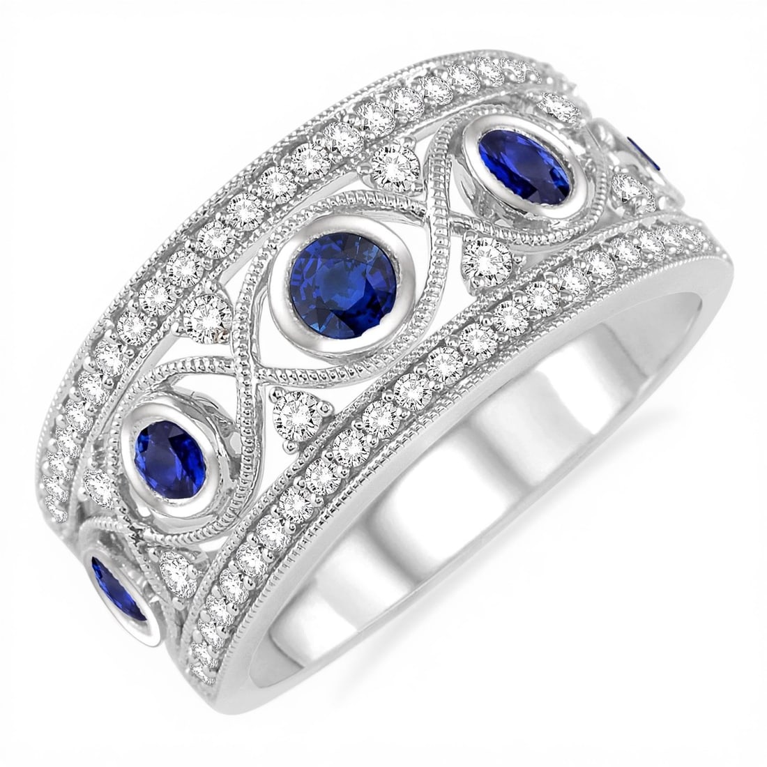 2.6mm Sapphire and 0.47 ctw Diamond 14K White Gold Ring: Defining modern elegance, this stunning Precious Band ring featuring Blue Sapphire, White Diamond captures the essence of style. Securely held in a classic Wide Band/Filigree Setting design, the ring 