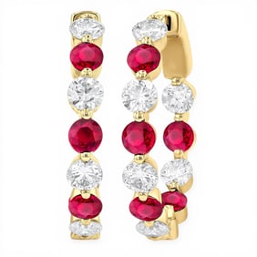 2.85mm Ruby & 1.06 ctw Diamond Inside-Out 14K Yellow Gold Hoop Earrings