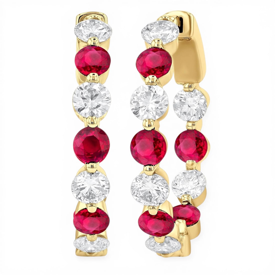 2.85mm Ruby & 1.06 ctw Diamond Inside-Out 14K Yellow Gold Hoop Earrings: Defining modern elegance, this stunning Inside-Out pair of earrings featuring Ruby, White Diamond captures the essence of style. Securely held in a classic Prong design, the earrings are forged from 4