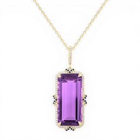 22x10mm Amethyst, Sapphire, and 0.22 ctw Diamond Halo 14K Yellow Gold Pendant
