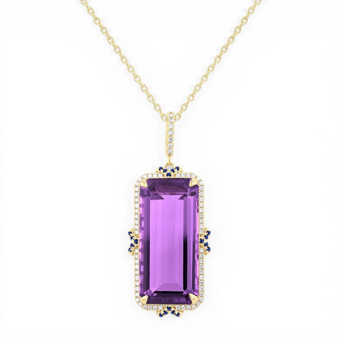 22x10mm Amethyst, Sapphire, and 0.22 ctw Diamond Halo 14K Yellow Gold Pendant: Exuding opulence and grace, this magnificent Halo pendant featuring Amethyst, White Diamond, Blue Sapphire is crafted for the distinguished. A detailed Halo gallery secures the stones, rendered in 4.3