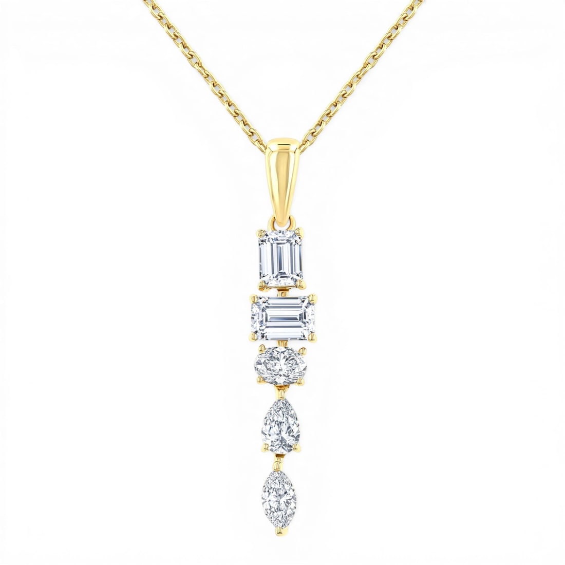 0.85 ctw Mixed Cut Diamond Dangle 14K Yellow Gold Pendant: Defining modern elegance, this stunning Dangle pendant featuring Natural Diamonds captures the essence of style. Expertly mounted in a Dangle setting, the pendant is crafted in 0.71 grams of solid 14K