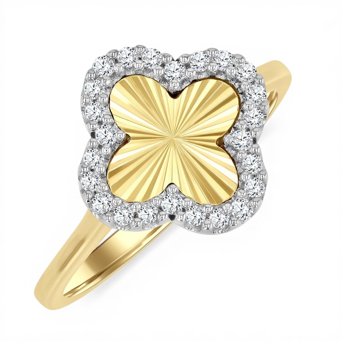 0.16 ctw Round Diamond Fluted Clover 10K Yellow & White Gold Ring: An exquisite masterpiece of haute joaillerie, this magnificent 4-Leaf Clover ring featuring White Diamond is a true treasure. Crafted with precision, the Halo setting is seamlessly integrated into 4.3