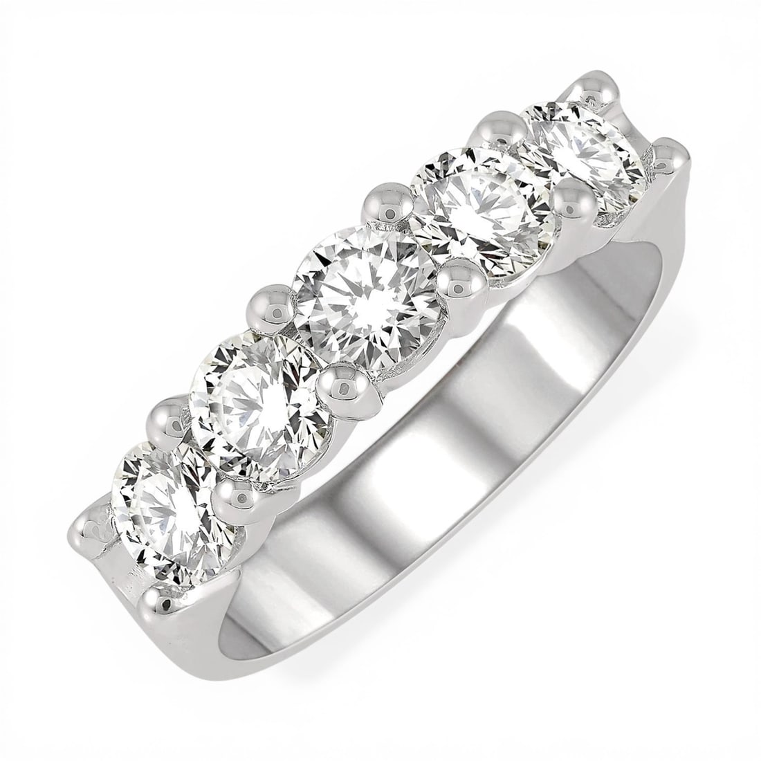 1.55 ctw 5-Stone Diamond Wedding Band 14K White Gold: A vision of luxury, this magnificent 5 Stone ring featuring White Diamond defines sophistication. The gemstones are nestled within a Five-Stone Setting framework, supported by a substantial 4.5 grams 