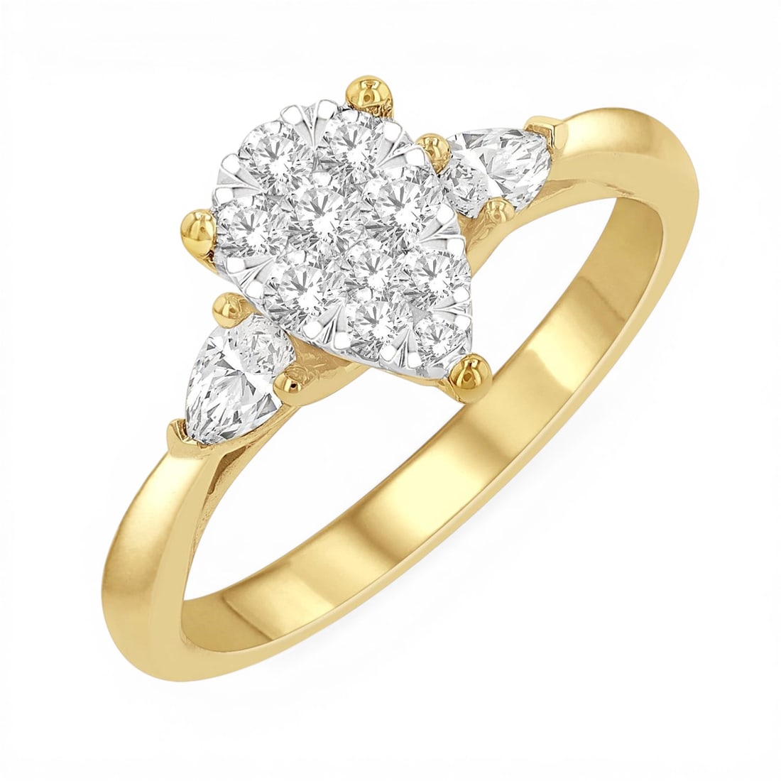 0.61 ctw Pear Cluster Diamond Engagement Ring 14K Yellow and White Gold: Timeless and sophisticated, this magnificent Pear Cluster ring featuring White Diamond radiates enduring beauty. Securely held in a classic Three-Stone design, the ring is forged from 3.95 grams of hi