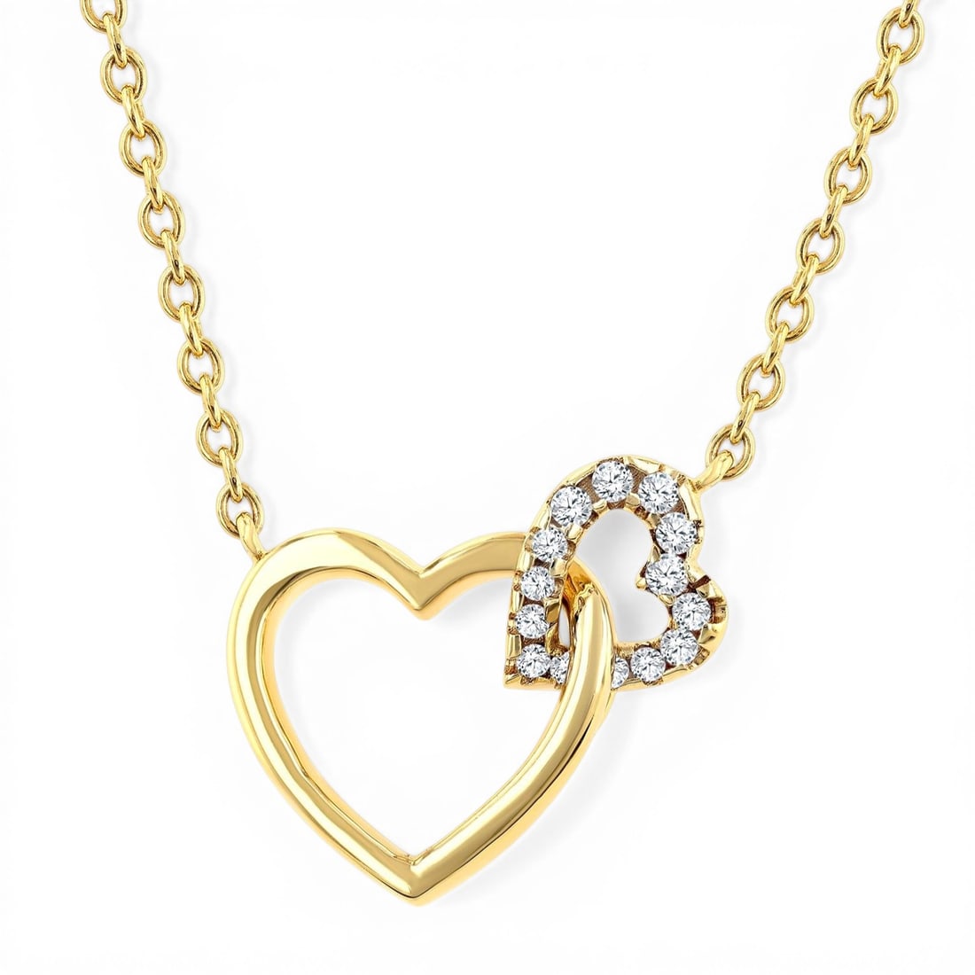 0.11 ctw Diamond Interlocked Heart 10K Yellow Gold Pendant Necklace: A symphony of light and color, this elegant Interlocked Heart pendant necklace featuring White Diamonds embodies the pinnacle of luxury. The gemstones are nestled within a Decorative Motif framework, 
