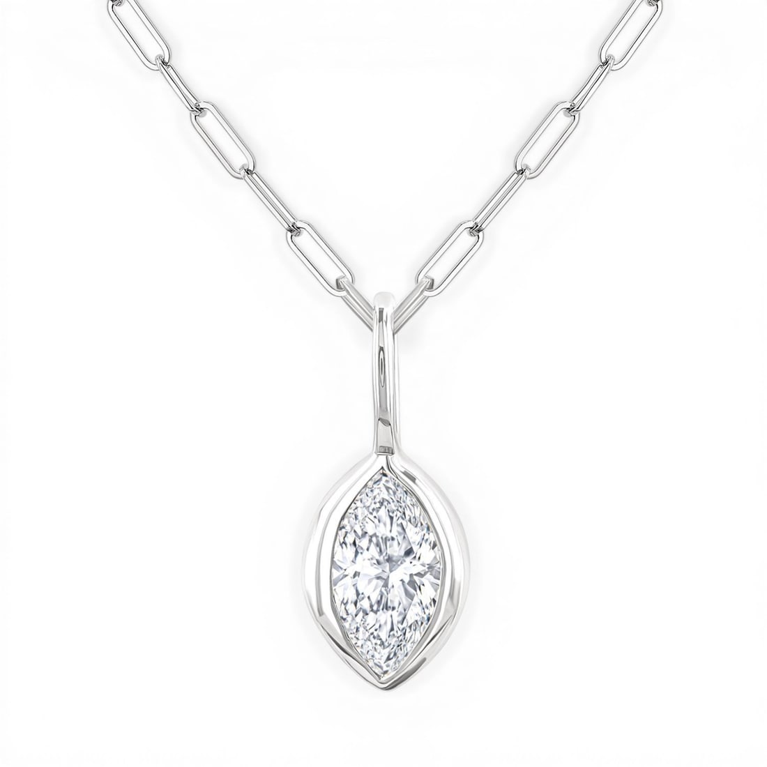 0.21 ctw Marquise Diamond Bezel Set 14K White Gold Pendant Necklace: Rare and radiant, this stunning Marquise Cut Bezel Set pendant featuring White Diamond offers a touch of the extraordinary. Showcasing the gems in a Bezel arrangement, the pendant consists of 0.27 gra