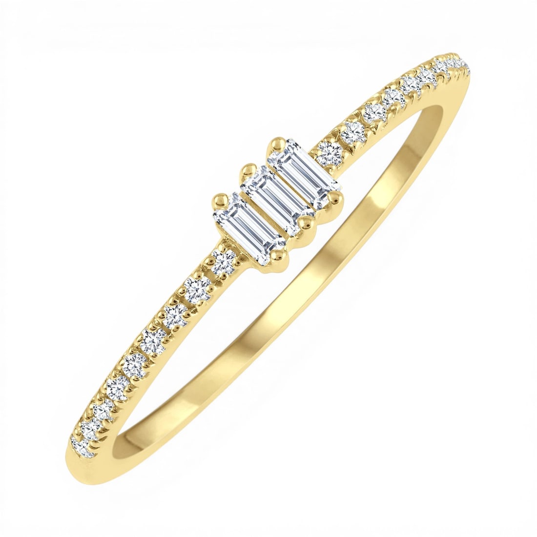 0.20 ctw Baguette & Round Diamond 10K Yellow Gold Ring: Rare and radiant, this elegant Petite Fashion ring featuring White Diamonds offers a touch of the extraordinary. Showcasing the gems in a Three-Stone arrangement, the ring consists of 1.46 grams of 10