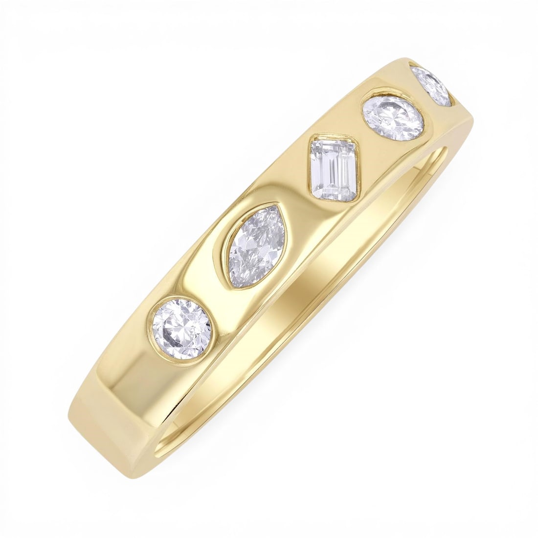 0.40 ctw Mixed Shape Diamond 14K Yellow Gold Band Ring: Exuding opulence and grace, this magnificent Mixed Fancy Shapes ring featuring White Diamond is crafted for the distinguished. Crafted with precision, the Bezel setting is seamlessly integrated into 4