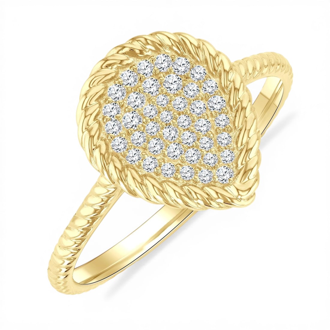 0.20 ctw Pear Shape Diamond Rope Accent 10K Yellow Gold Ring: Exuding opulence and grace, this elegant Rope Accent ring featuring White Diamond is crafted for the distinguished. Crafted with precision, the Cluster setting is seamlessly integrated into 2.55 grams