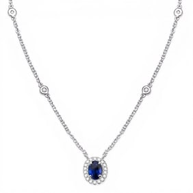6x4mm Blue Sapphire and 0.16 ctw Diamond 14K White Gold Necklace