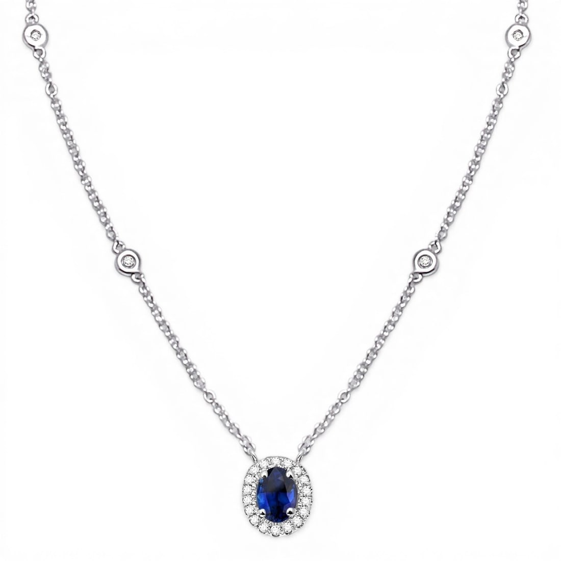 6x4mm Blue Sapphire and 0.16 ctw Diamond 14K White Gold Necklace: A testament to superior craftsmanship, this stunning Halo necklace featuring Blue Sapphire, White Diamond is unparalleled. Crafted with precision, the Halo setting is seamlessly integrated into 0.95 g