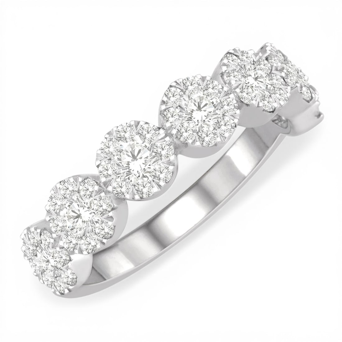 1.02 ctw Diamond Cluster Jointed 14K White Gold Band Ring: An exquisite masterpiece of haute joaillerie, this magnificent Jointed Circular Mount Cluster ring featuring White Diamond is a true treasure. A detailed Cluster Setting gallery secures the stones, re