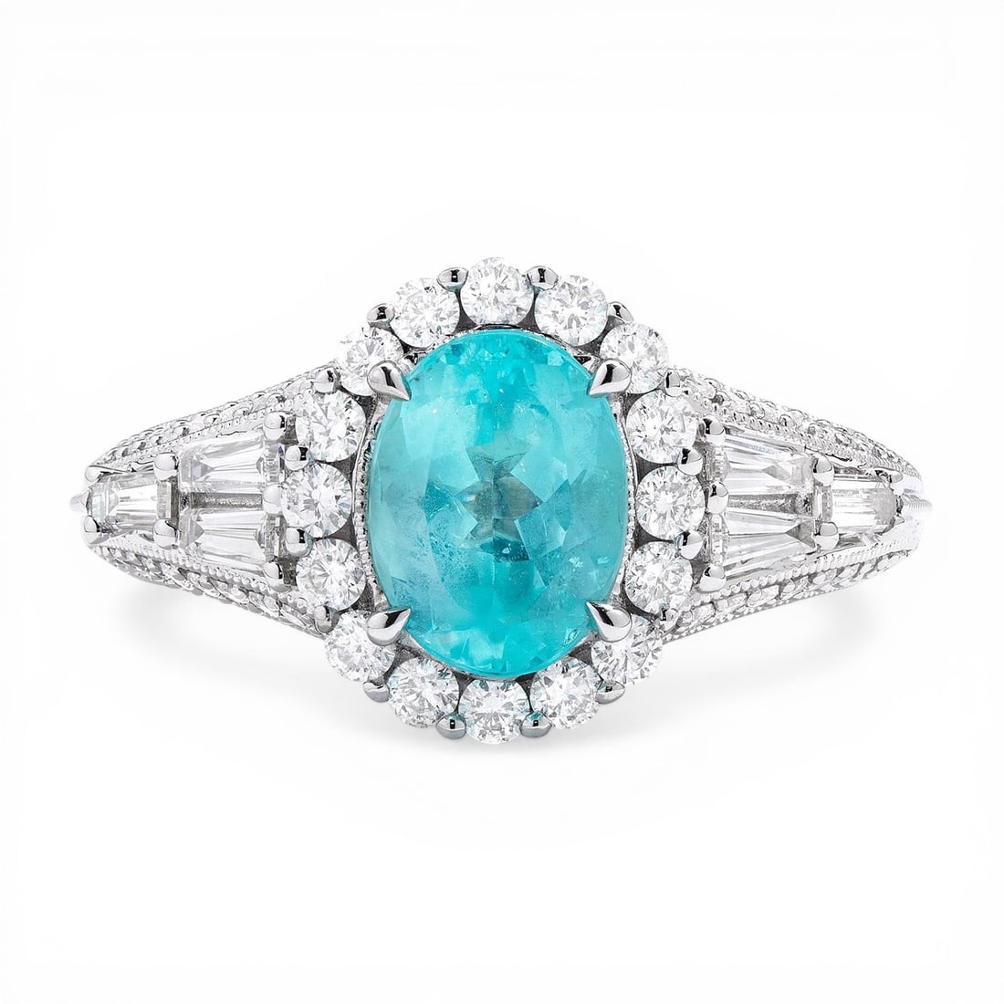 Paraiba Aquamarine and 0.90 ctw Diamond 18K White Gold Ring: Retail Value: $30,135 Captured in a moment of brilliance, this stunning Halo ring featuring Aquamarine, White Diamond speaks to the connoisseur. Crafted with precision, the Halo setting is seamlessly 