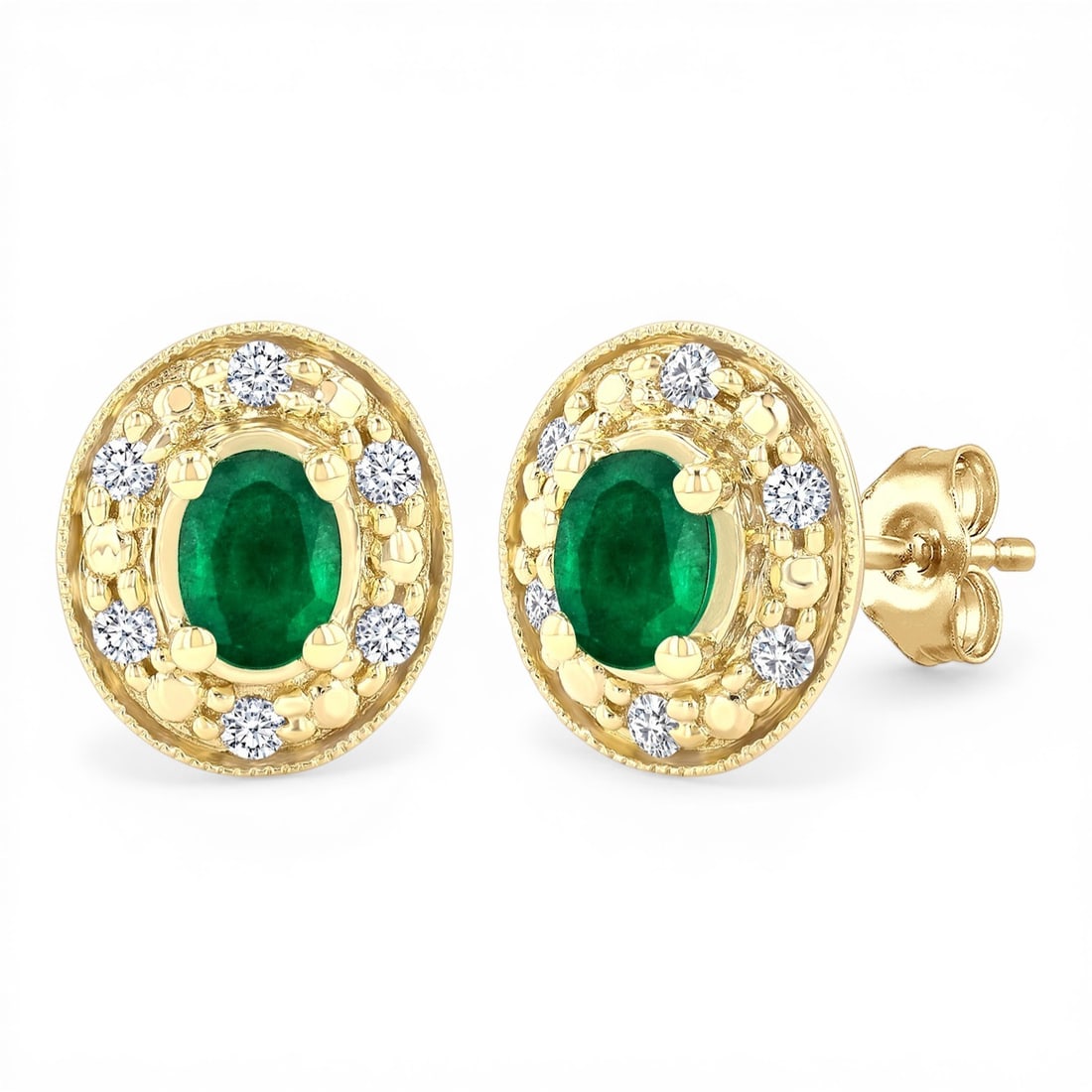 4x3mm Oval Emerald and 0.10 ctw Diamond 14K Yellow Gold Earrings: Defining modern elegance, this elegant Halo pair of earrings featuring Emerald, White Diamond captures the essence of style. The gemstones are nestled within a Halo framework, supported by a substanti