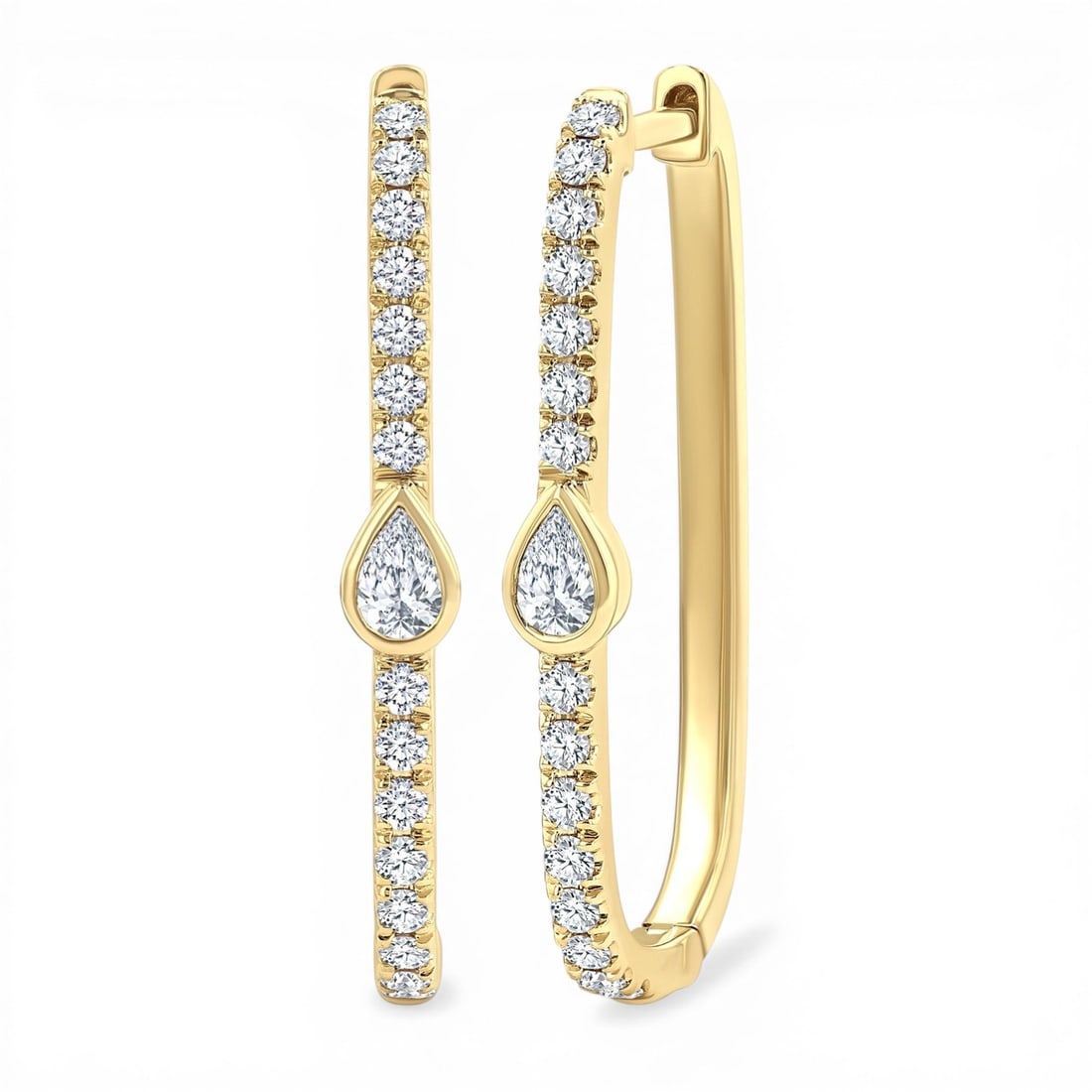 0.39 ctw Diamond 14K Yellow Gold Rectangular Hoop Earrings: An exquisite masterpiece of haute joaillerie, this stunning Rectangular Fashion Hoop pair of earrings featuring White Diamond is a true treasure. Showcasing the gems in a Line Setting arrangement, the