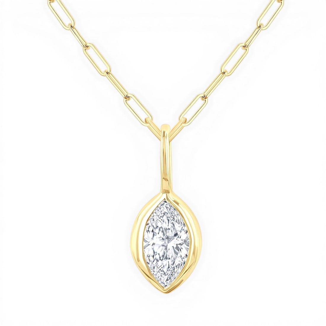 0.21 ctw Marquise Diamond Bezel Set 14K Yellow Gold Pendant Necklace: A vision of luxury, this elegant Marquise Cut pendant featuring Natural Diamonds defines sophistication. Securely held in a classic Solitaire design, the pendant is forged from 0.27 grams of high-poli