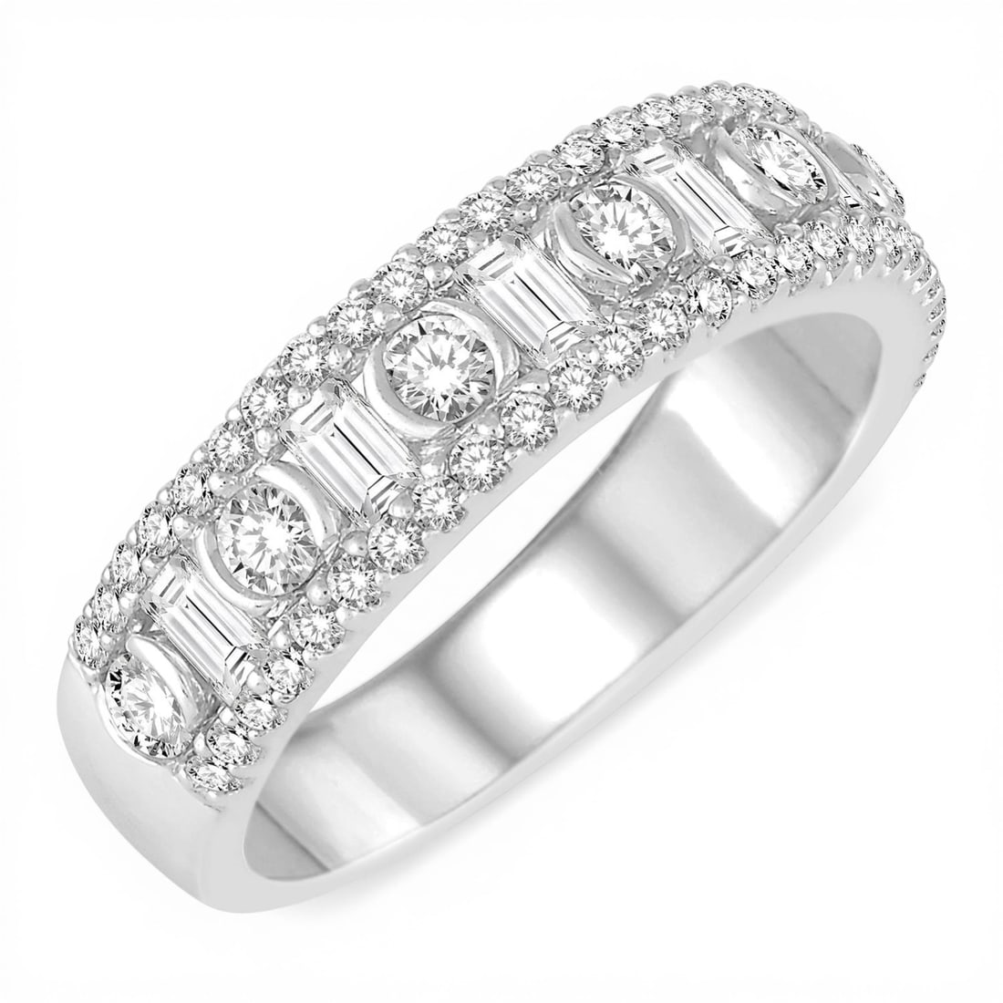 1.02 ctw Diamond Baguette & Round Cut 14K White Gold Fashion Band Ring: A vision of luxury, this magnificent Baguette & Round Cut ring featuring Natural Diamonds defines sophistication. The gemstones are nestled within a Band framework, supported by a substantial 4.15 gra