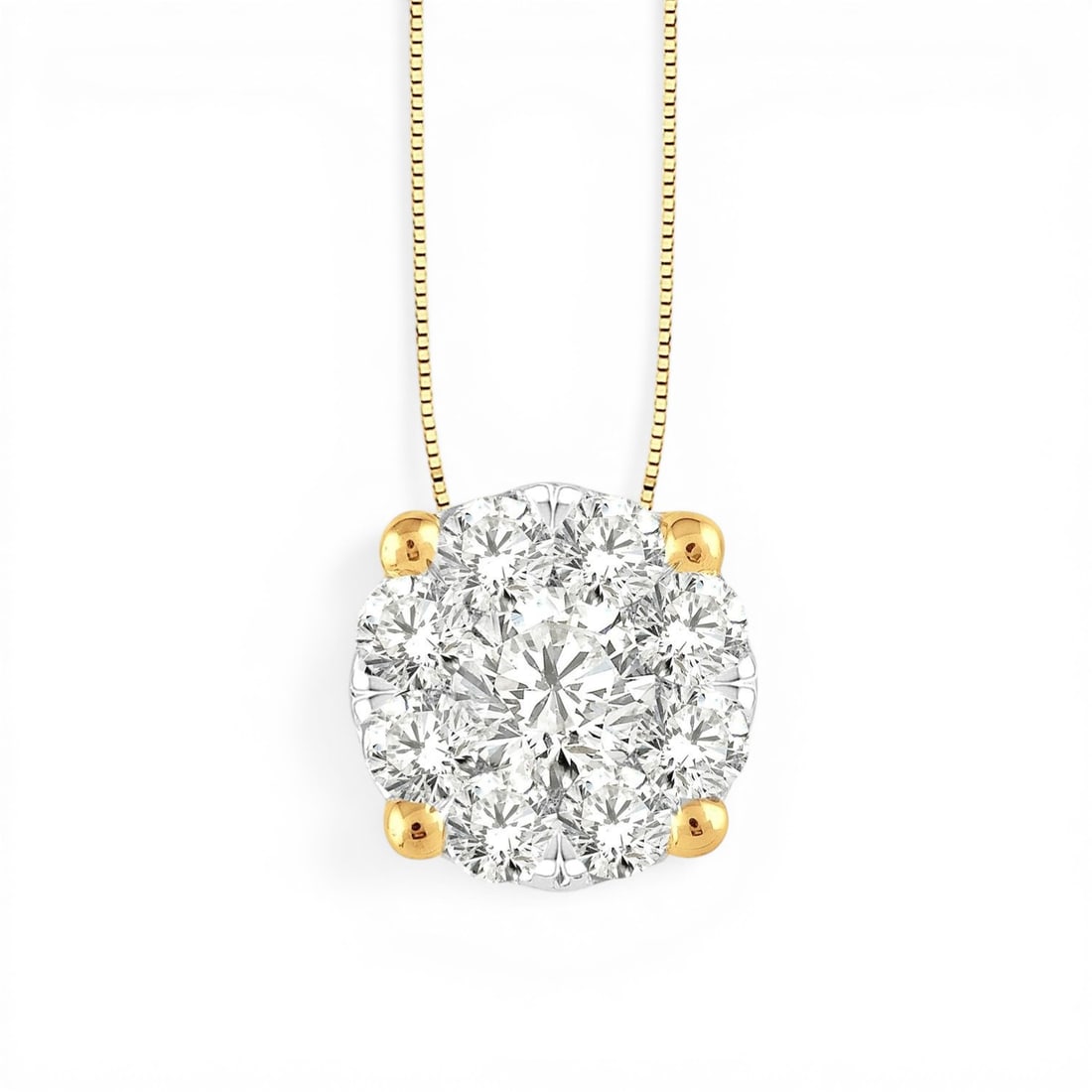 0.51 ctw White Diamond Cluster 14K Yellow & White Gold Pendant: Exuding opulence and grace, this elegant Cluster pendant featuring White Diamond is crafted for the distinguished. Showcasing the gems in a Cluster arrangement, the pendant consists of 1.25 grams of 1