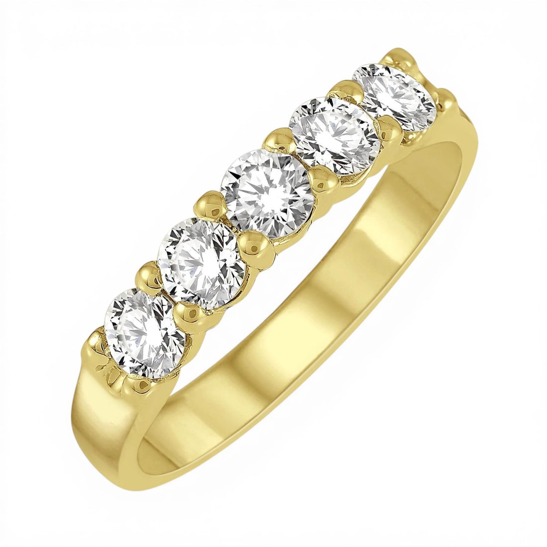 0.75 ctw 5-Stone Round Diamond Wedding Band 14K Yellow Gold Ring: Defining modern elegance, this magnificent 5 Stone ring featuring White Diamond captures the essence of style. The gemstones are nestled within a Five-Stone framework, supported by a substantial 3.1 g